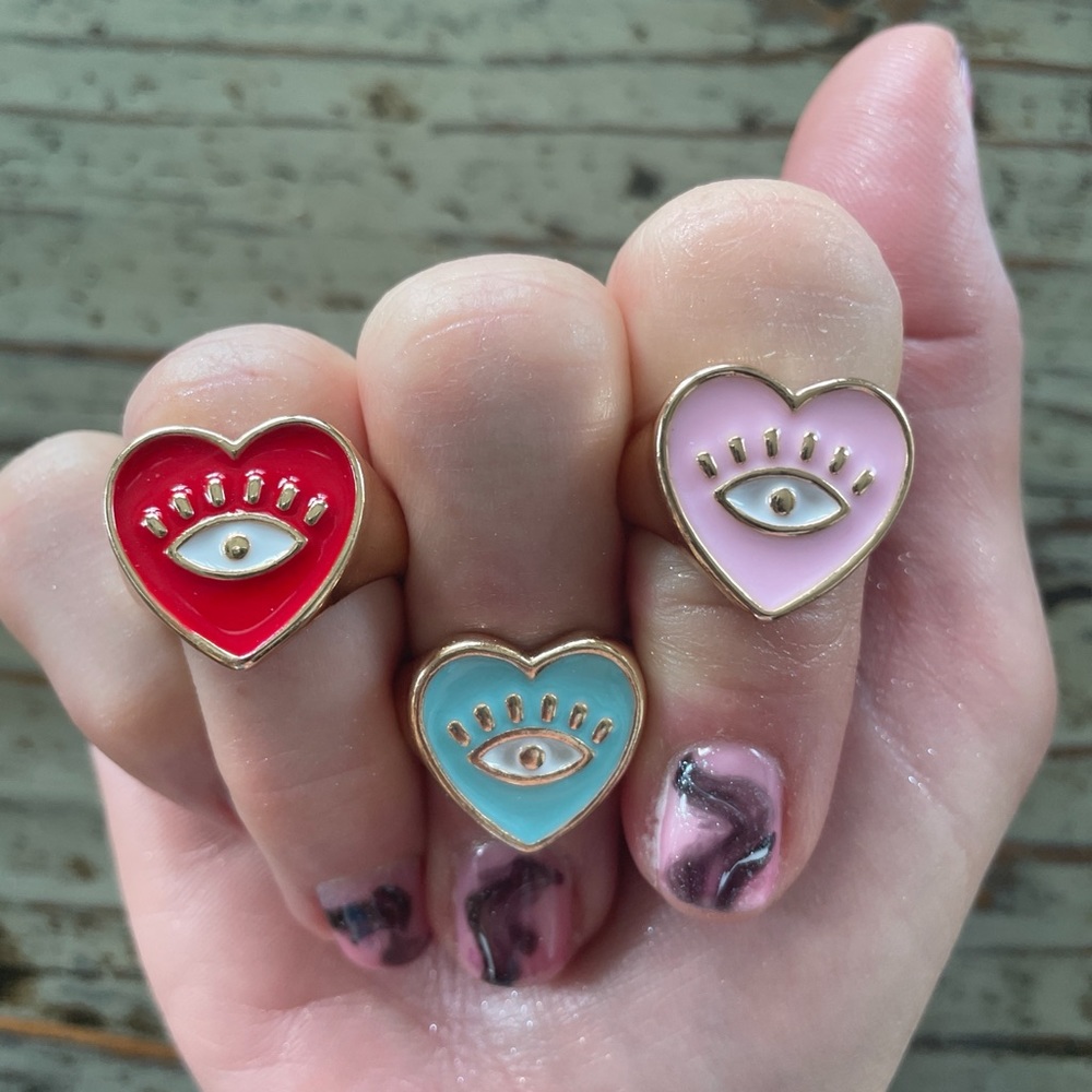 Blue, Pink or Red Evil Eye Enamel Heart Shaped Rings, Protect your Energy